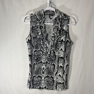 1-16 M MILANO white black snake skin print ruffled sleeveless knit top M